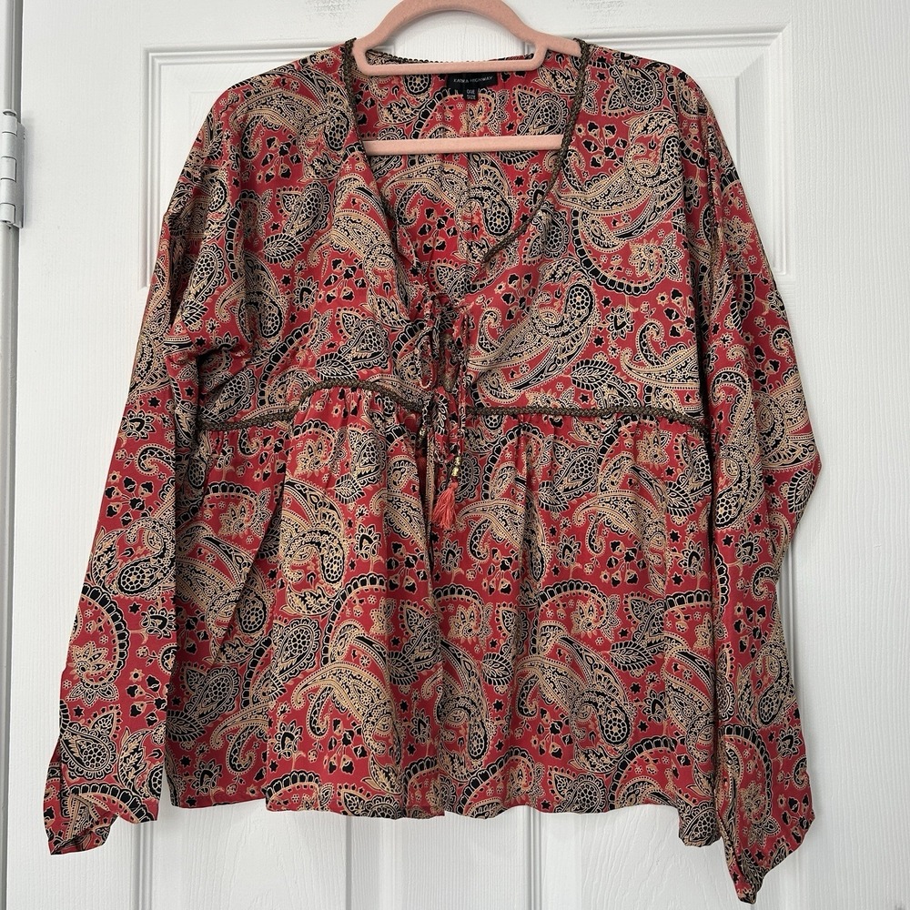 Karma Highway Boho Paisley Tie Front Tassel Blouse Festival Gypsy Indie One Size